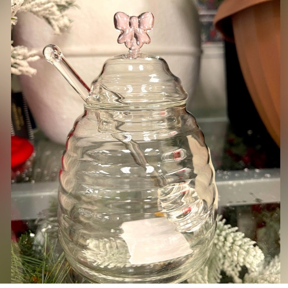 Pink glass bow honey jar with lid and honey spoon-NWT